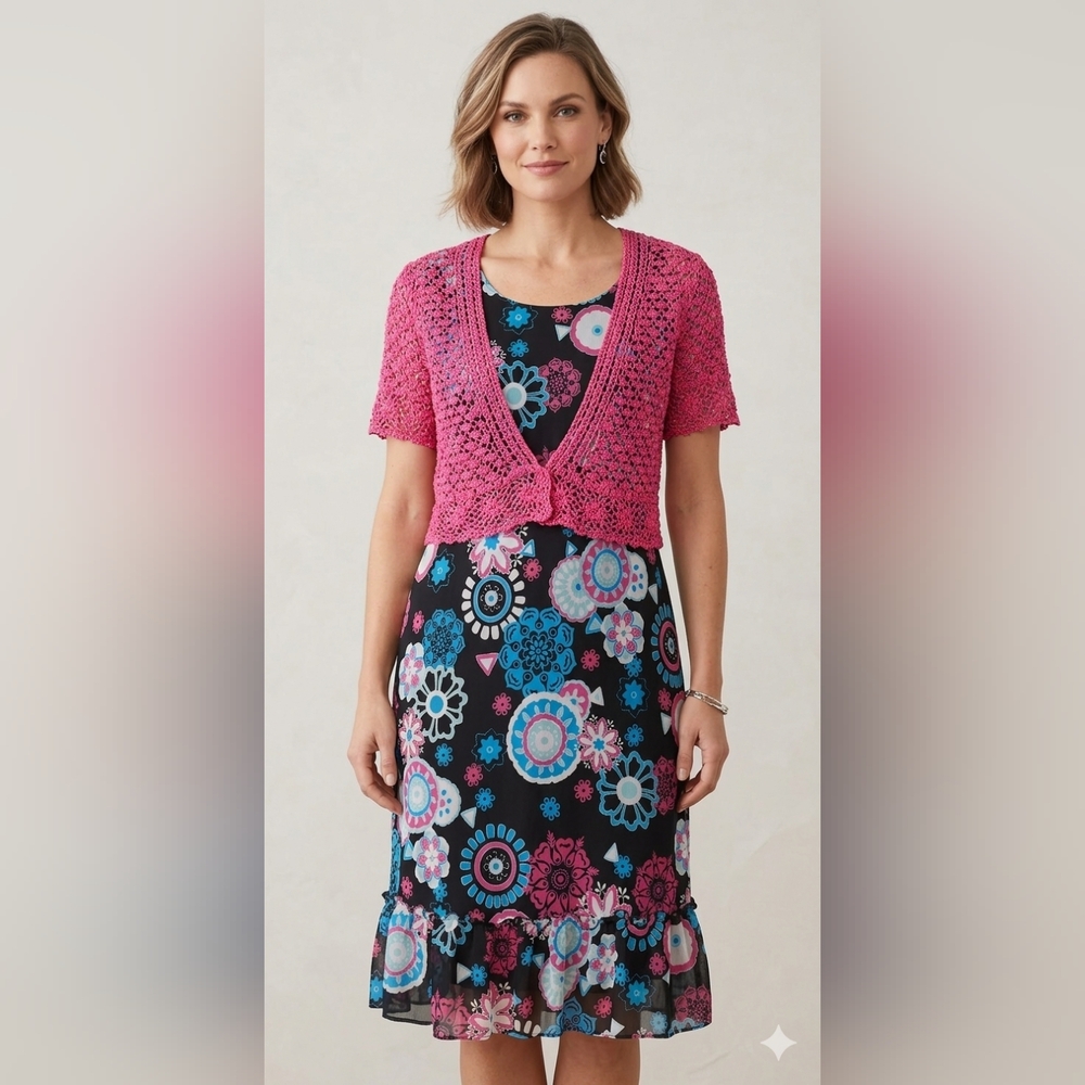Signature by Sangria Hot Pink Crochet Tie-Front Shrug